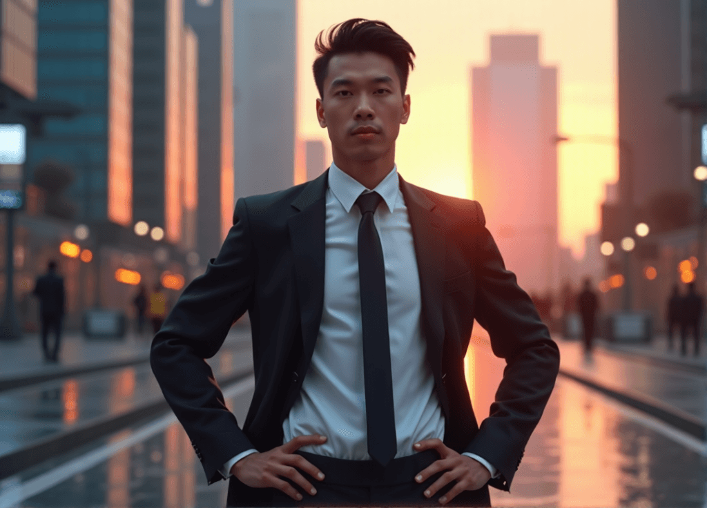 "A young professional stands confidently in front of a futuristic cityscape at sunset, exuding determination and optimism amidst AI automation."