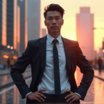 "A young professional stands confidently in front of a futuristic cityscape at sunset, exuding determination and optimism amidst AI automation."