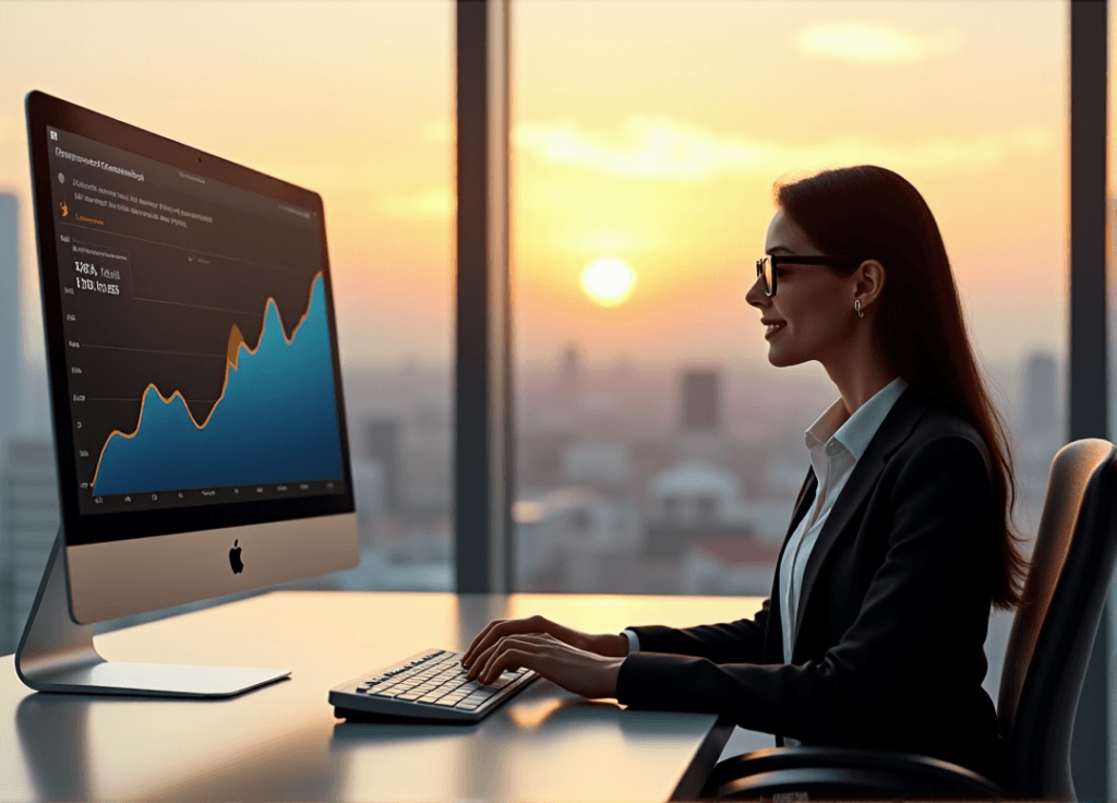 "A young businesswoman sits at a modern desk, gazing intently at a computer screen displaying positive customer sentiment trends, with AI automation skills evident in her focused expression."