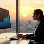 "A young businesswoman sits at a modern desk, gazing intently at a computer screen displaying positive customer sentiment trends, with AI automation skills evident in her focused expression."