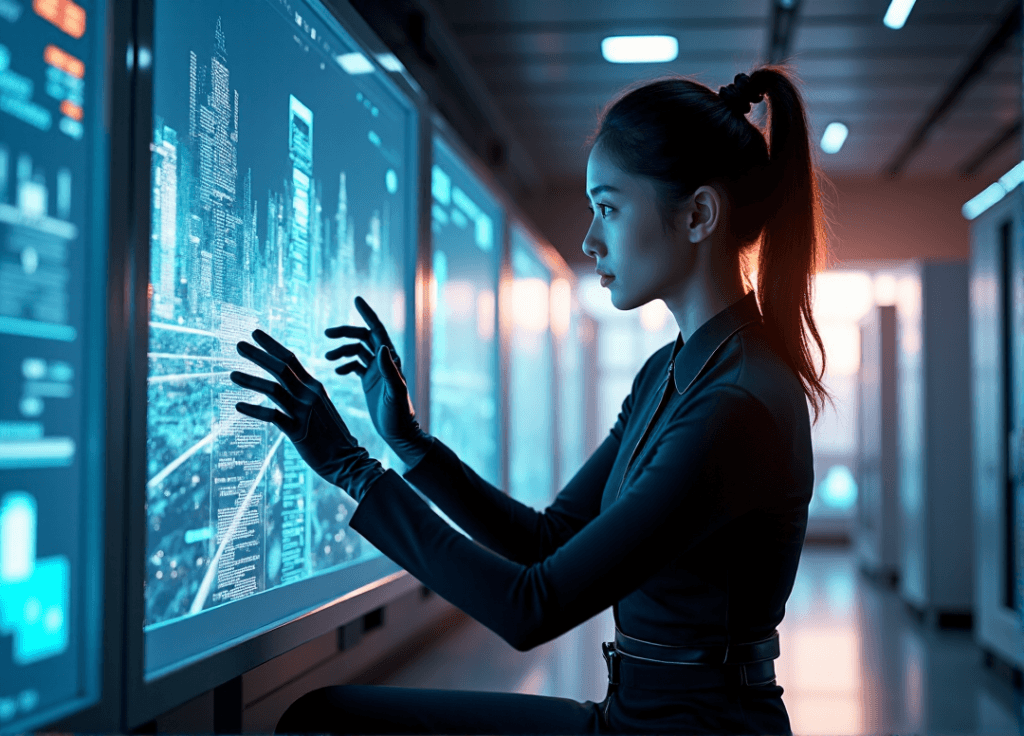 "A futuristic control room scene featuring an engineer using AI automation skills to optimize city traffic flow and energy consumption on a high-resolution screen."