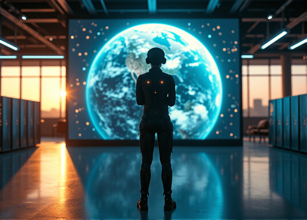 "A futuristic meteorologist stands confidently in front of a digital screen displaying a 3D globe with animated weather patterns, surrounded by sleek control room equipment, showcasing AI automation skills."