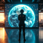 "A futuristic meteorologist stands confidently in front of a digital screen displaying a 3D globe with animated weather patterns, surrounded by sleek control room equipment, showcasing AI automation skills."
