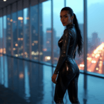 "A confident business executive stands in front of a cityscape at dusk, dressed in a sleek black jumpsuit with circuitry patterns, exuding determination and focus amidst a calm yet complex data-driven environment."