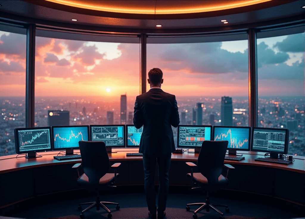 "A confident business executive stands in a modern control room, gazing out at a cityscape as AI automation skills drive data visualizations on high-tech screens."