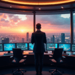 "A confident business executive stands in a modern control room, gazing out at a cityscape as AI automation skills drive data visualizations on high-tech screens."