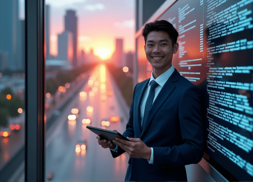 "A young professional stands confidently in front of a high-tech control panel, mastering AI automation skills with determination and focus."