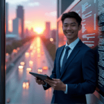"A young professional stands confidently in front of a high-tech control panel, mastering AI automation skills with determination and focus."