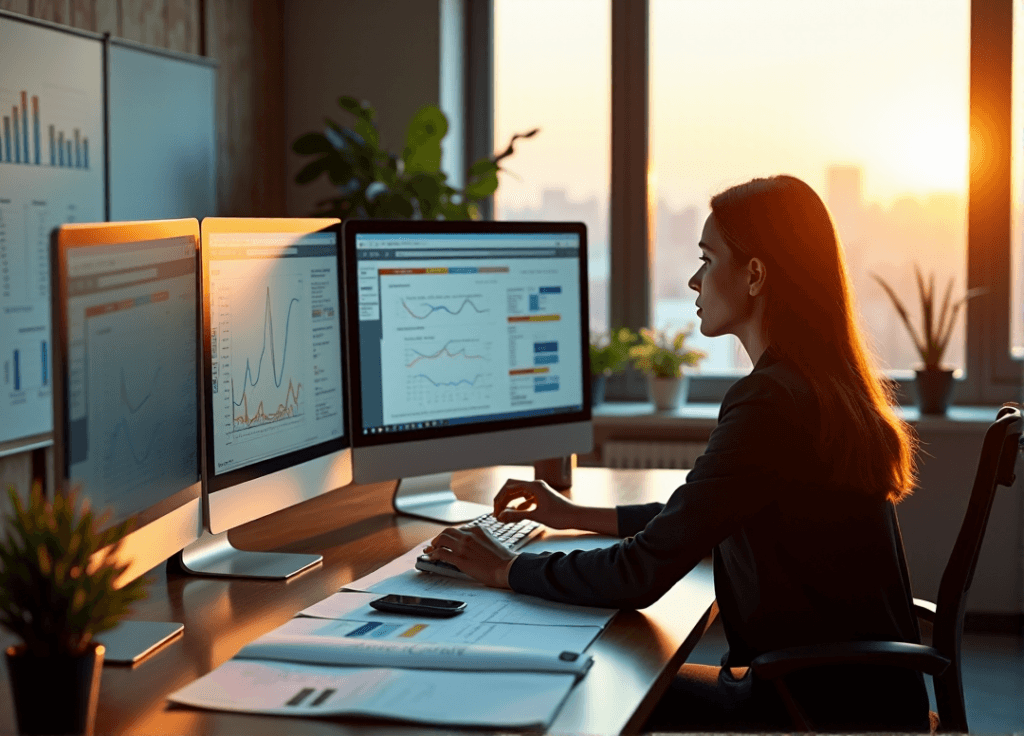 "A professional market researcher sits intently at a modern desk, surrounded by computer screens and data analytics software, showcasing AI automation skills in action."