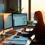 "A professional market researcher sits intently at a modern desk, surrounded by computer screens and data analytics software, showcasing AI automation skills in action."