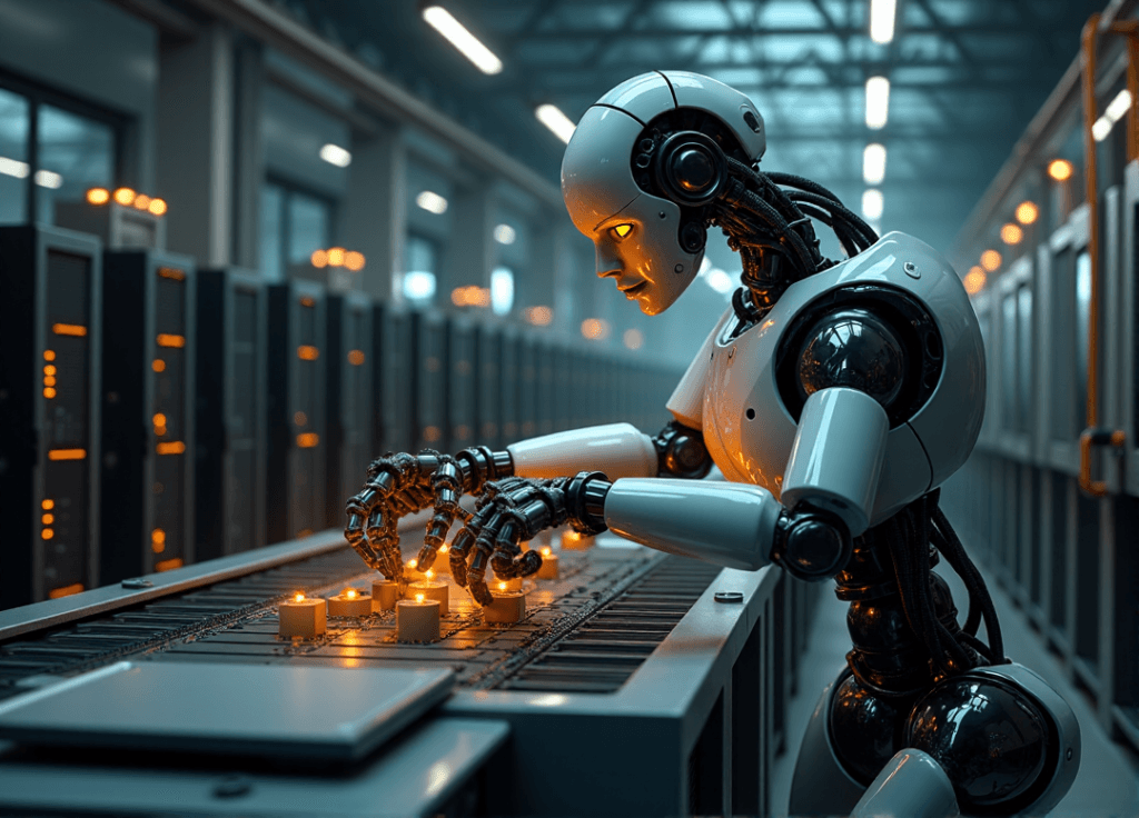 "A highly advanced robotic arm in a modern industrial setting, showcasing AI automation skills through precise assembly tasks amidst humming machinery and computer servers."
