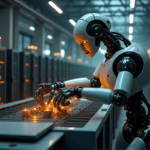 "A highly advanced robotic arm in a modern industrial setting, showcasing AI automation skills through precise assembly tasks amidst humming machinery and computer servers."