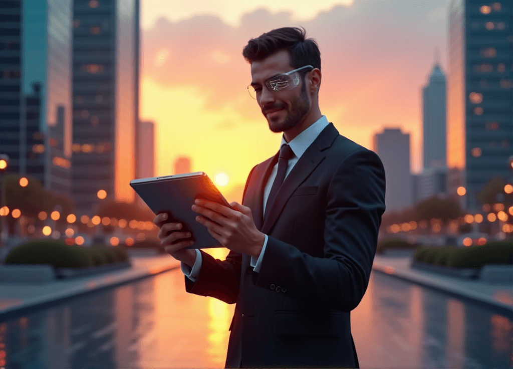 "A futuristic executive stands confidently in front of a high-rise skyscraper at sunset, wearing an AI-powered augmented reality contact lens and holding a cutting-edge tablet displaying AI-driven business analytics."