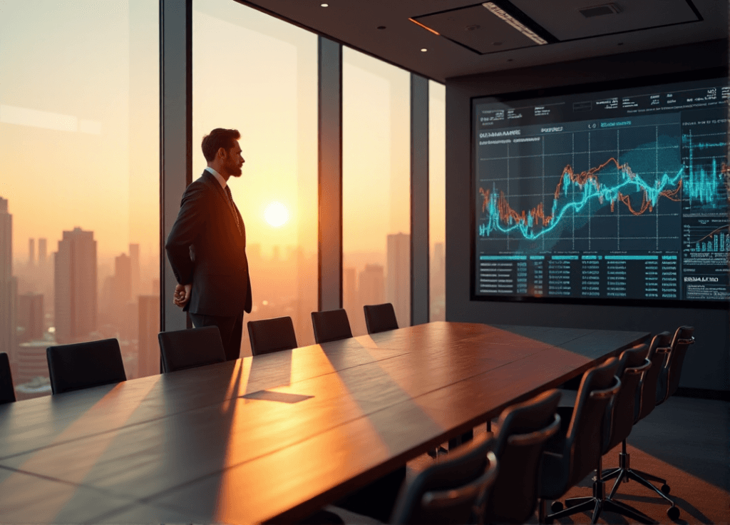 "A confident business leader stands in a modern conference room, gazing out at a cityscape while analyzing real-time market data on a large screen."