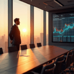 "A confident business leader stands in a modern conference room, gazing out at a cityscape while analyzing real-time market data on a large screen."