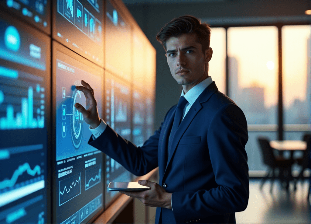"A young professional stands confidently in front of a high-tech control panel showcasing AI automation tools, conveying mastery over technology."