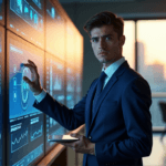 "A young professional stands confidently in front of a high-tech control panel showcasing AI automation tools, conveying mastery over technology."