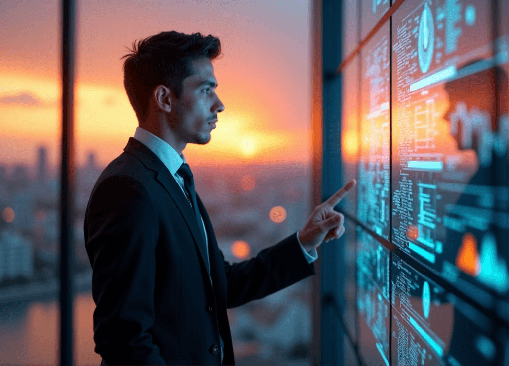"A young business professional stands confidently in front of a modern glass wall with an expansive cityscape view, intensely focused on AI-driven analytics data visualizations on a high-resolution touchscreen display."