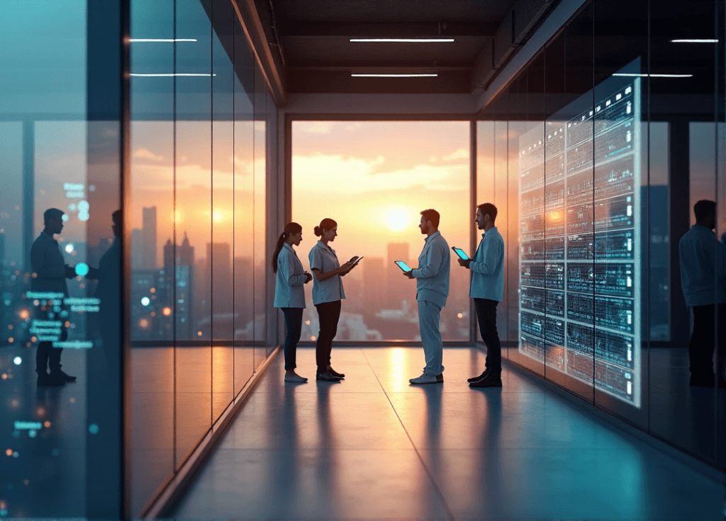 "A modern customer service center featuring AI-driven automation systems, employees working with technology, and a cityscape at dusk."