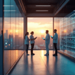 "A modern customer service center featuring AI-driven automation systems, employees working with technology, and a cityscape at dusk."