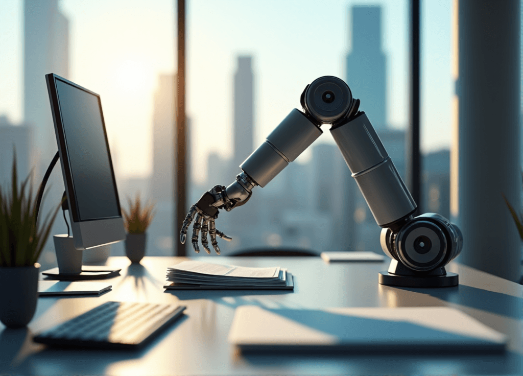 "A modern office workspace featuring a robotic arm integrated into a desk, efficiently processing documents amidst computer screens and papers, showcasing AI automation skills in action."