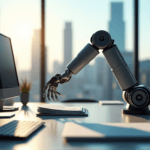 "A modern office workspace featuring a robotic arm integrated into a desk, efficiently processing documents amidst computer screens and papers, showcasing AI automation skills in action."