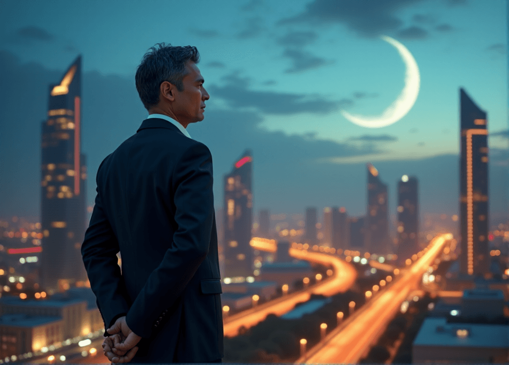 "A confident business leader stands at the edge of a futuristic cityscape, exuding determination amidst AI-driven urban landscapes."
