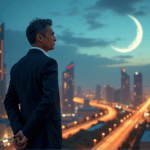 "A confident business leader stands at the edge of a futuristic cityscape, exuding determination amidst AI-driven urban landscapes."