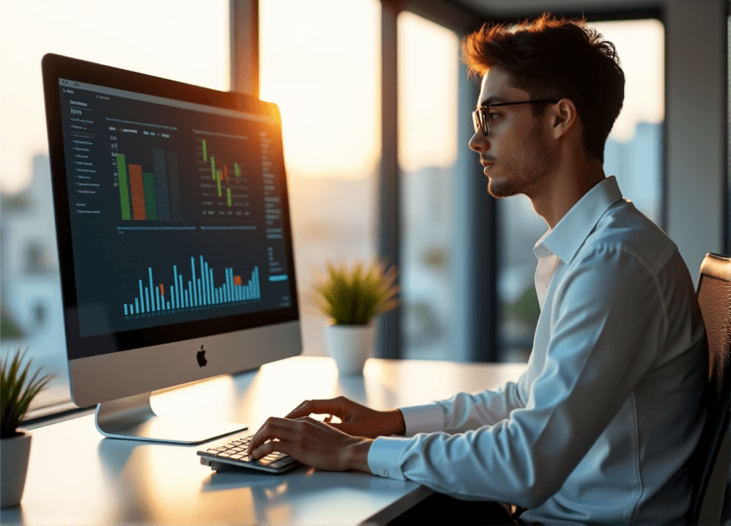 "A young professional sits at a minimalist desk, intensely focused on a high-resolution data visualization dashboard showcasing real-time metrics and trends in vibrant colors."