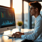 "A young professional sits at a minimalist desk, intensely focused on a high-resolution data visualization dashboard showcasing real-time metrics and trends in vibrant colors."
