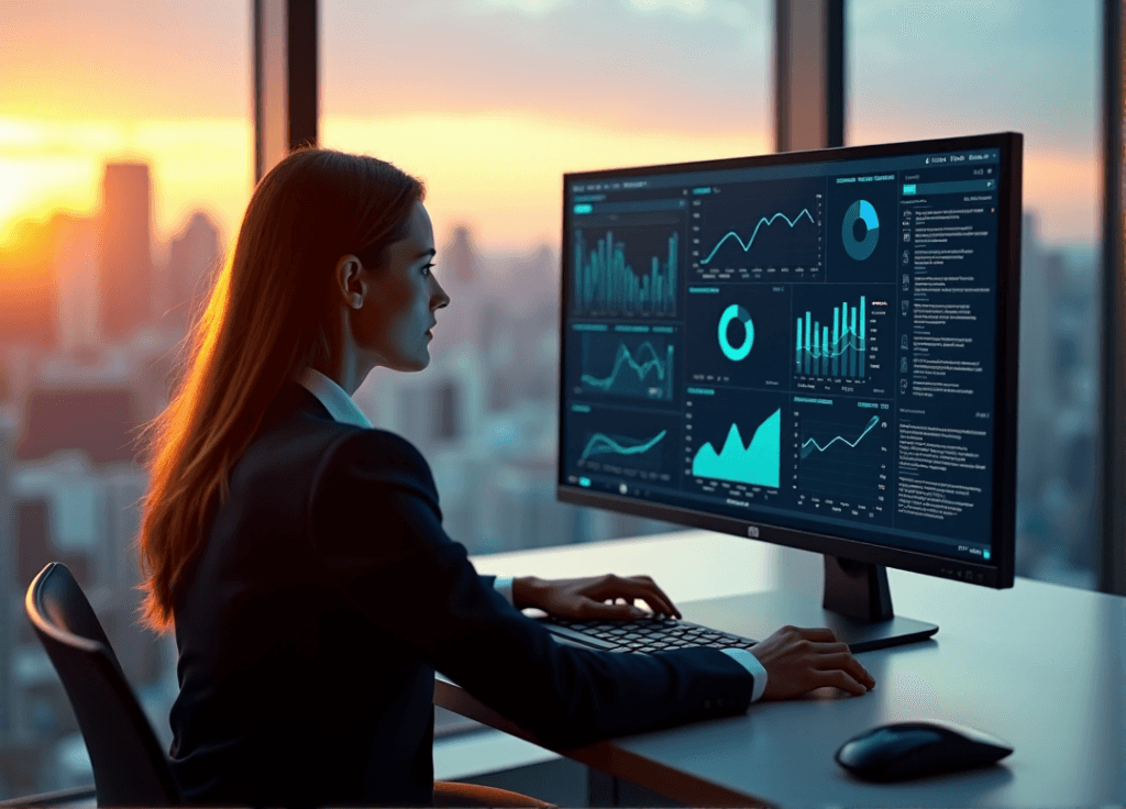 "A business executive sits at a modern desk, intensely focused on a high-resolution predictive analytics dashboard with dynamic charts and graphs, showcasing AI automation skills in action."