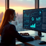 "A business executive sits at a modern desk, intensely focused on a high-resolution predictive analytics dashboard with dynamic charts and graphs, showcasing AI automation skills in action."
