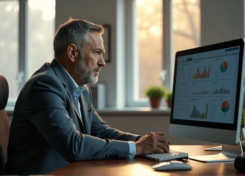 "A middle-aged executive sits confidently at a modern desk, gazing intently at a data visualization dashboard on their computer screen, showcasing AI automation skills in action."