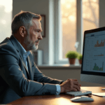 "A middle-aged executive sits confidently at a modern desk, gazing intently at a data visualization dashboard on their computer screen, showcasing AI automation skills in action."