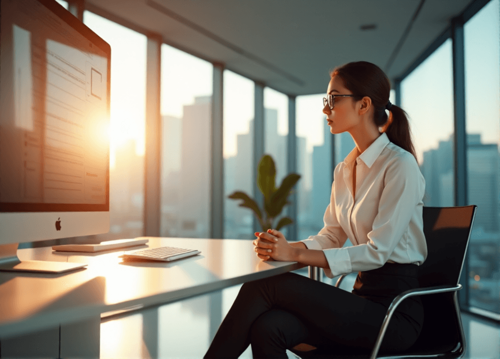 "A young professional woman sits confidently at a modern desk, focused on an AI-powered workflow management system behind her, mastering AI automation skills."