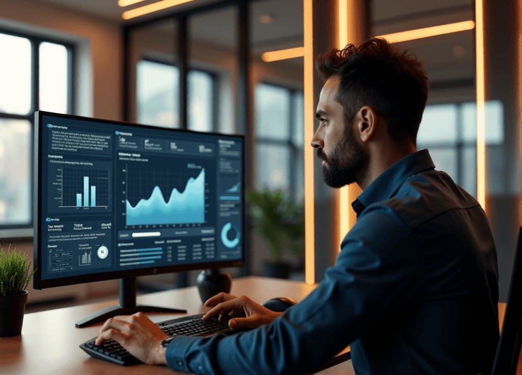 "A business executive intensely analyzes market data on a high-resolution screen with complex charts, graphs, and heat maps in a modern office setting."
