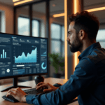 "A business executive intensely analyzes market data on a high-resolution screen with complex charts, graphs, and heat maps in a modern office setting."