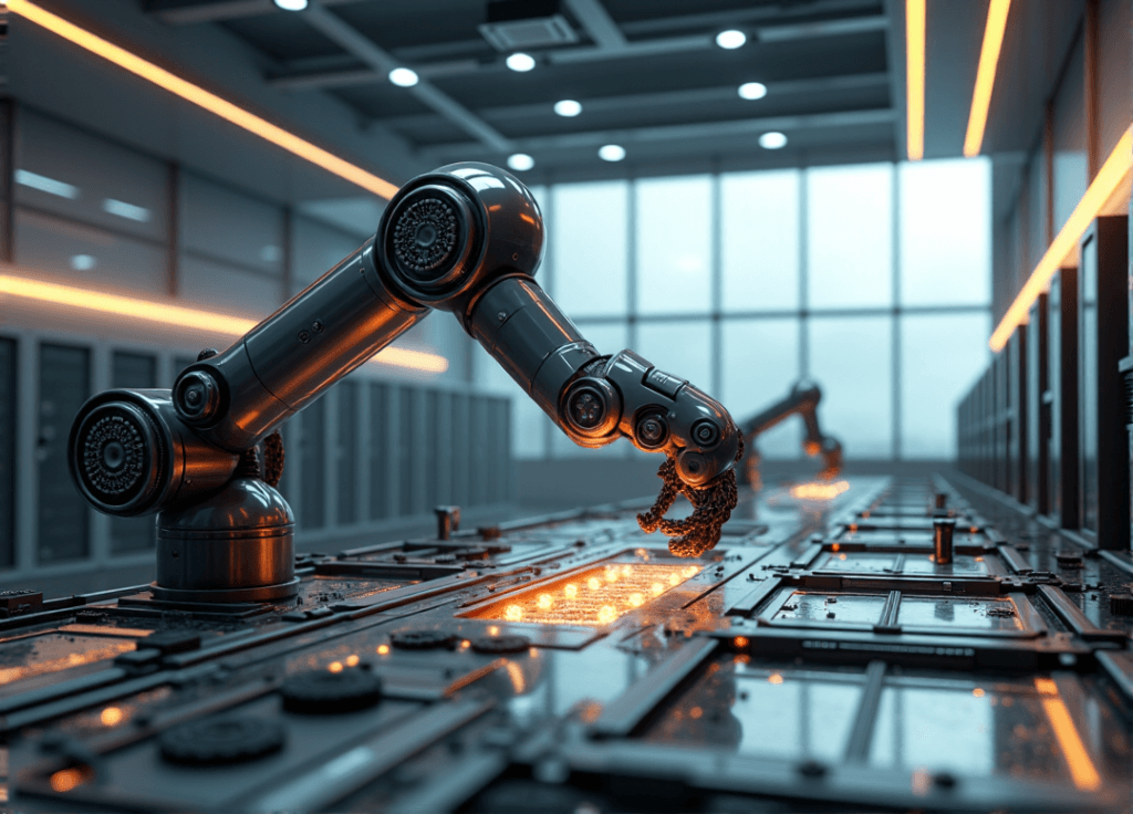 "A futuristic control room featuring a sleek robotic arm navigating complex equipment with precision, showcasing AI automation skills in action."