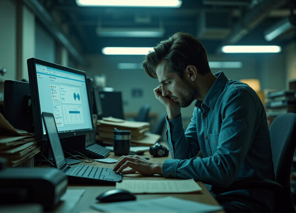 "An office worker sits amidst cluttered files and outdated equipment, longing for efficiency as they gaze at a modern laptop displaying AI automation software."
