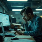 "An office worker sits amidst cluttered files and outdated equipment, longing for efficiency as they gaze at a modern laptop displaying AI automation software."