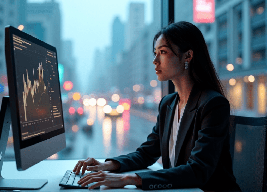 "A young professional woman sits confidently at a modern desk, gazing intently at an AI-powered dashboard with a graph suggesting growth, surrounded by a futuristic cityscape."