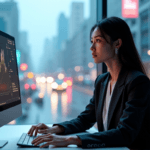 "A young professional woman sits confidently at a modern desk, gazing intently at an AI-powered dashboard with a graph suggesting growth, surrounded by a futuristic cityscape."