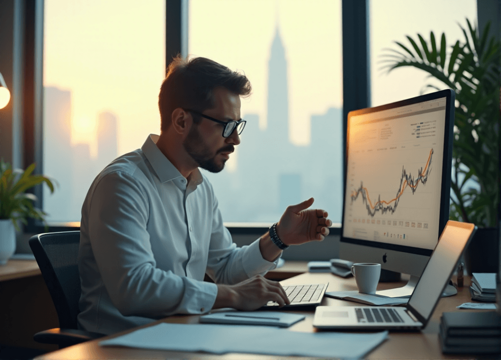 "A professional market researcher sits at a cluttered desk surrounded by data-driven tools, laptops, and screens displaying complex statistical models, with a cup of steaming coffee beside them."