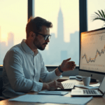 "A professional market researcher sits at a cluttered desk surrounded by data-driven tools, laptops, and screens displaying complex statistical models, with a cup of steaming coffee beside them."