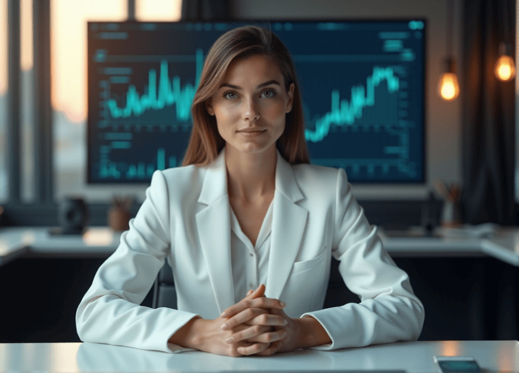 "A young professional sits confidently at a minimalist desk, eyes fixed on an AI-driven data visualization graph, exuding calm authority with AI automation skills."