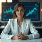 "A young professional sits confidently at a minimalist desk, eyes fixed on an AI-driven data visualization graph, exuding calm authority with AI automation skills."
