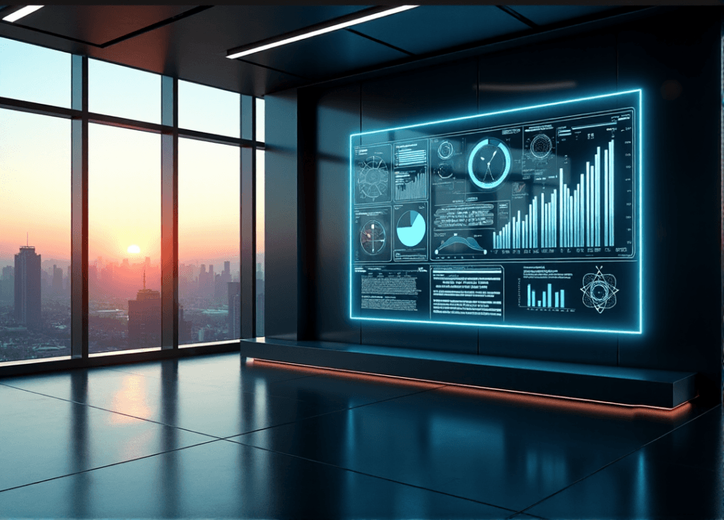 "A futuristic control room with a large touchscreen interface showcasing AI automation strategies, surrounded by dimly lit metallic surfaces and a cityscape at sunset."