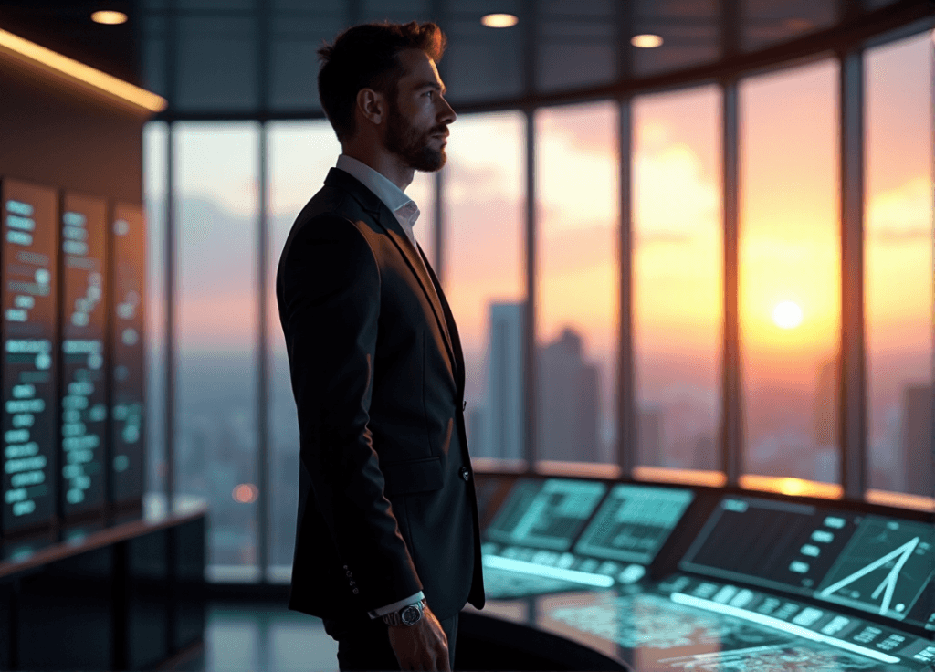"A business executive stands confidently in a high-tech control room with floor-to-ceiling windows overlooking a cityscape at sunset, surrounded by AI-driven data visualizations and predictive analytics systems."