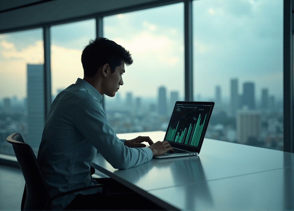 "A young data analyst sits intensely studying a complex data visualization graph on their laptop in a high-tech office with a cityscape view."
