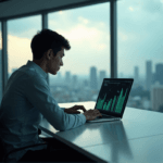 "A young data analyst sits intensely studying a complex data visualization graph on their laptop in a high-tech office with a cityscape view."